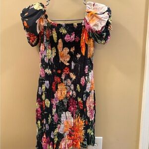 H&M Black Floral Smocked Midi Dress with Puff Sleeves